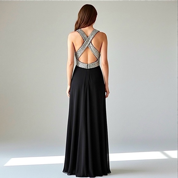 CALVIN KLEINBlack knit Silver sequin Halter Evening Gown or Prom Dress NWT  8